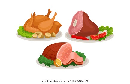 Roasted Chicken and Mutton-ham Served on Plate with Green Salad Leaves Vector Set