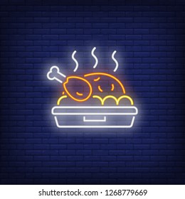 Roasted chicken neon sign. Glowing plate with chicken and potatoes on brick wall background. Vector illustration can be used for topics like cooking, dinner, kitchen
