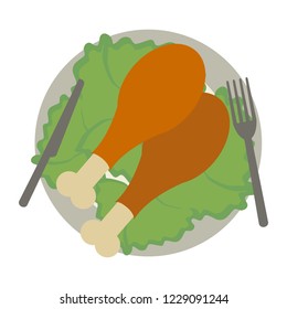 Roasted chicken on dish with cutlery