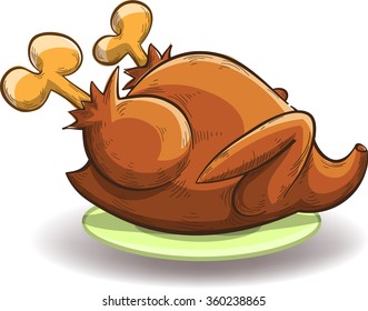 roasted chicken on a plate, vector, isolated on white