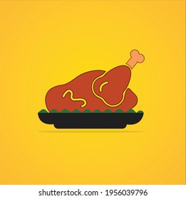 Roasted Chicken on a platter. Fried poultry sign. Food for gala dinner. Vector illustration in cartoon style isolated on yellow background