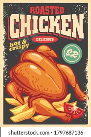 Roasted chicken restaurant poster design in retro style. Menu cover with black background, food ingredients, chicken and text on the top. Vector vintage illustration for diner.