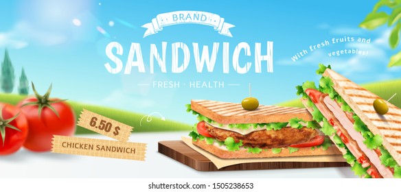 Roasted chicken sandwich ads with vegetable on bokeh blue background in 3d illustration