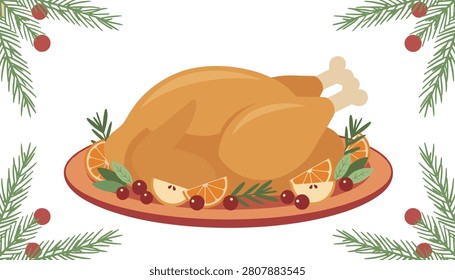 Roasted chicken served on a large plate garnished with rosemary sprigs, orange slices, and cranberries framed by pine branches at the corners.