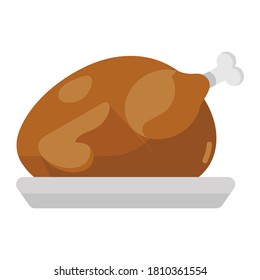 Roasted chicken served in a tray, turkey flat vector style 