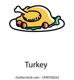 Pollo asado servido en una bandeja, estilo vector de doodle de pavo 