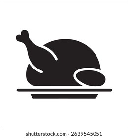 Roasted chicken silhouette vector icon - Food, dinner, or Thanksgiving meal symbol, isolated on white background.	