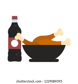 Roasted chicken and soda bottle