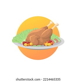 Roasted Chicken Turkey Grilled Meat For ThanksGiving Or Christmas Day Meal On A Plate With Vegetables And Fruits Vector Flat Design Illustration Isolated On White Background