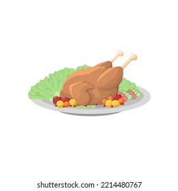 Roasted Chicken Turkey Grilled Meat For ThanksGiving Or Christmas Day Meal On A Plate With Vegetables And Fruits Vector Flat Design Illustration Isolated On White Background