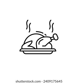 Roasted chicken turkey line icon. Poultry dish icon in black and white color.