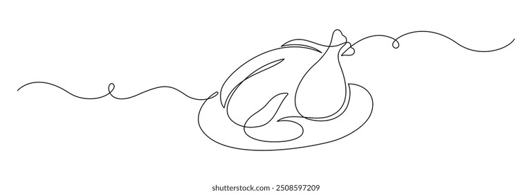 Roasted chicken or turkey in one continuous line drawing. Thanksgiving dinner in simple linear style. Fall harvest in editable stroke. Doodle outline vector illustration