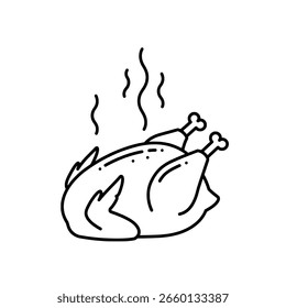 Gebratenes Huhn oder Truthahn mit Dampf, in einem einfachen handgezeichneten Skizzenstil. Ein Umrisssymbol für ein Feiertagsessen, Restaurant oder Catering.