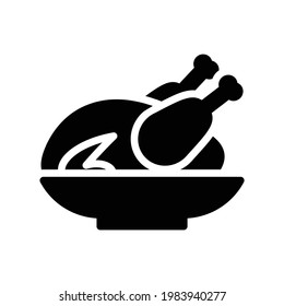 Roasted Chicken Vector Icon in Glyph Style. Roast chicken is chicken prepared as food by roasting whether in a home kitchen, over a fire, or with a rotisserie rotary spit. Vector illustration icon.
