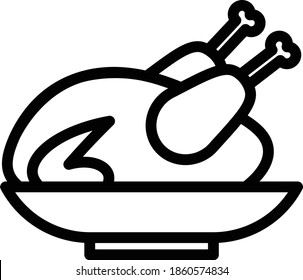 Roasted Chicken Vector Icon in Outline Style. Roast chicken is chicken prepared as food by roasting whether in a home kitchen, over a fire, or with a rotisserie rotary spit. Vector illustration icon.