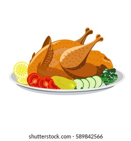 Roasted chicken with vegetables on the plate.