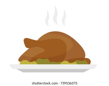 Roasted Christmas or Thanksgiving turkey on a tray garnished with vegetables. Vector flat design Holiday illustration isolated on white background for poster, card, banner.