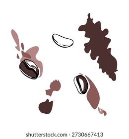 Röstkaffee arabica, robusta Bohnen, Schokolade Flüssigkeit Spritzer und abstrakte Klecksen. Von Hand mit Tinte gezeichnetes Vektorelement. Café-Menü, Espresso-Label-Kunst, Frühstücksdekor, handgefertigte Getränkeverpackung.