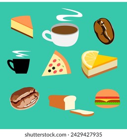 Roasted coffee bean with hot drink cup with lemon fruit slice on cheesecake pie with cake with bread loaf with pizza and Hamburger isolated on green background, Illustration graphic vector of cafe