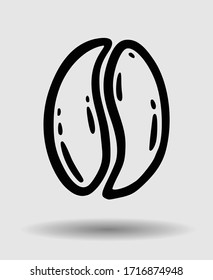 Roasted coffee bean icon, caffeine symbol. Hand drawn graphic vector illustration in black isolated on white background.