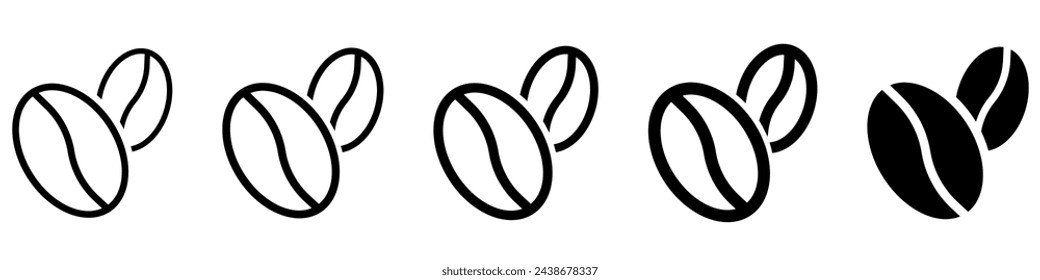 Roasted coffee bean outline and filled icon set. Line coffee grain symbol.