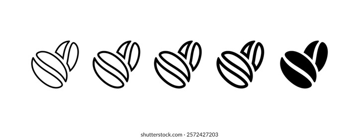 Roasted coffee bean outline and filled icon set. Line coffee grain symbol on white background different thickness of line