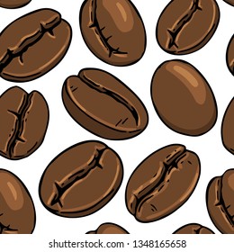 Roasted coffee bean seamless pattern. Vector hand drawn illustration.