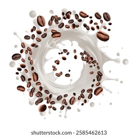 Roasted coffee beans air rotating with milk splash on white background