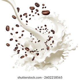 Roasted coffee beans air rotating with milk splash on white background