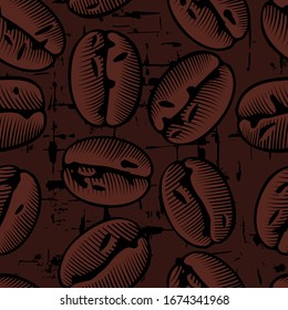 Granos de café tostados. El fondo es café negro. Diseño decorativo de café sin fisuras. Excelente para tejidos, textiles. Estilo plano.Grabado de color antiguo de un dibujo estilizado. Ilustración vectorial.