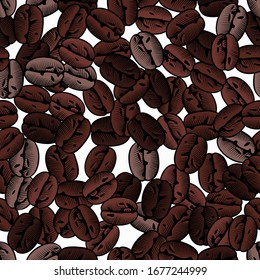 Roasted coffee beans background. Coffee decorative seamless pattern. Great for fabric, textiles. Antique color engraving of a stylized drawing. Vector illustration.
