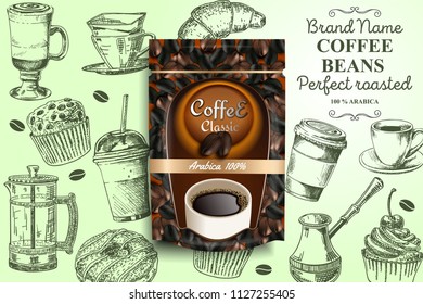 Roasted coffee beans brand ads poster banner template. Vector realistic coffee packaging ziplock bag with vintage doodle sweets, coffee drinks, coffee makers.