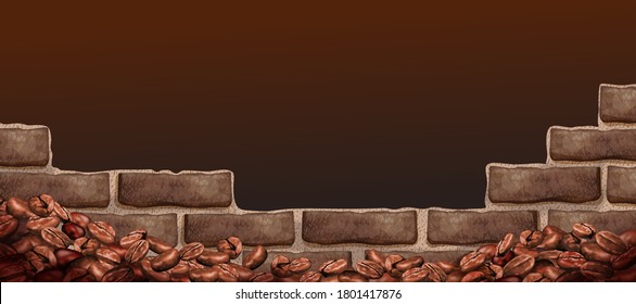 Roasted coffee beans and brick wall element in 3d illustration against brown background
