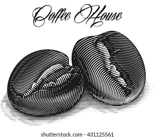 Roasted coffee beans engraved on the white background. Editable vector illustration.
