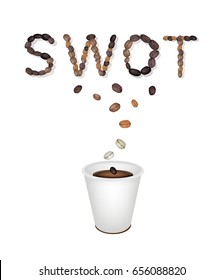 Roasted Coffee Beans Forming in "SWOT" Falling Down to A Cup, SWOT Analysis Matrix A Structured Planning Method for Evaluate Strengths, Weaknesses, Opportunities and Threats. 