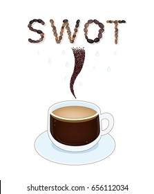 Roasted Coffee Beans Forming in "SWOT" Falling Down to A Cup, SWOT Analysis Matrix A Structured Planning Method for Evaluate Strengths, Weaknesses, Opportunities and Threats. 