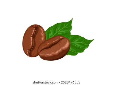 Roasted coffee beans and green leaves isolated on white background. Vector cartoon illustration.