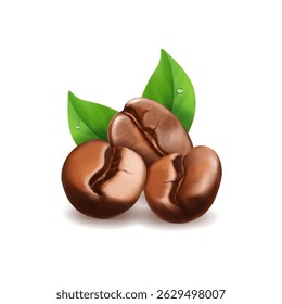 Roasted coffee beans and green leaves realistic 3d set. Coffee grain seeds on white background. espresso cappuccino logo