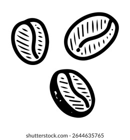 Grãos de café torrados. Vetor de rabiscar desenhado à mão. Ingrediente para preparar uma bebida. Menu Café. Expresso de bebidas, café com leite, cappuccino. Elemento de arte da linha da ilustração.