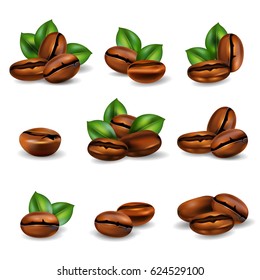 Roasted coffee beans with leaves realistic set isolated on white background vector illustration