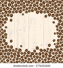 Roasted coffee beans over light wood blank frame. Graphic menu wooden rustic template vector illustration.