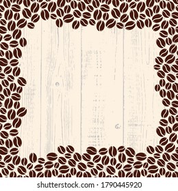 Roasted coffee beans over light wood blank frame. Graphic menu wooden rustic template vector illustration.