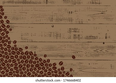 Roasted coffee beans over wood blank frame. Graphic menu dark wooden rustic template vector illustration.