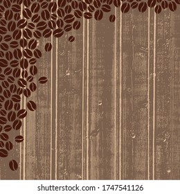 Roasted coffee beans over wood blank square frame. Graphic menu dark wooden rustic template vector illustration.