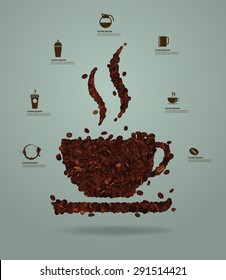 Roasted coffee beans placed in the shape of a cup, Vector illustration modern layout template design