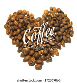 Roasted coffee beans with removable calligraphic text. Vector illustration.