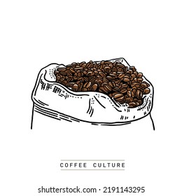 Roasted Coffee beans in Sack Hand drawn Color illustration