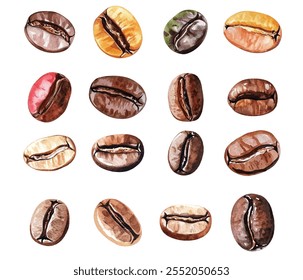 Grãos de café torrados, apresentando seus tons castanhos ricos e texturas detalhadas. Perfeito para projetos relacionados a café, anúncios ou projetos culinários. Adiciona um toque de calor e riqueza.