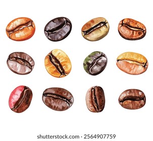 Roasted coffee beans, showcasing their rich brown tones and detailed textures. Perfect for coffee-related designs, advertisements, or culinary projects. Adds a touch of warmth and richness.