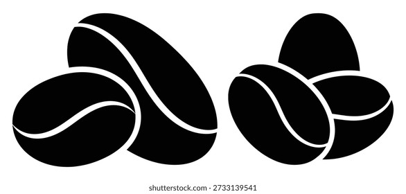 Silhuetas de grãos de café torrado, sementes de cafeína em pares e grupos, design de ilustração vetorial de ingrediente de bebida expresso